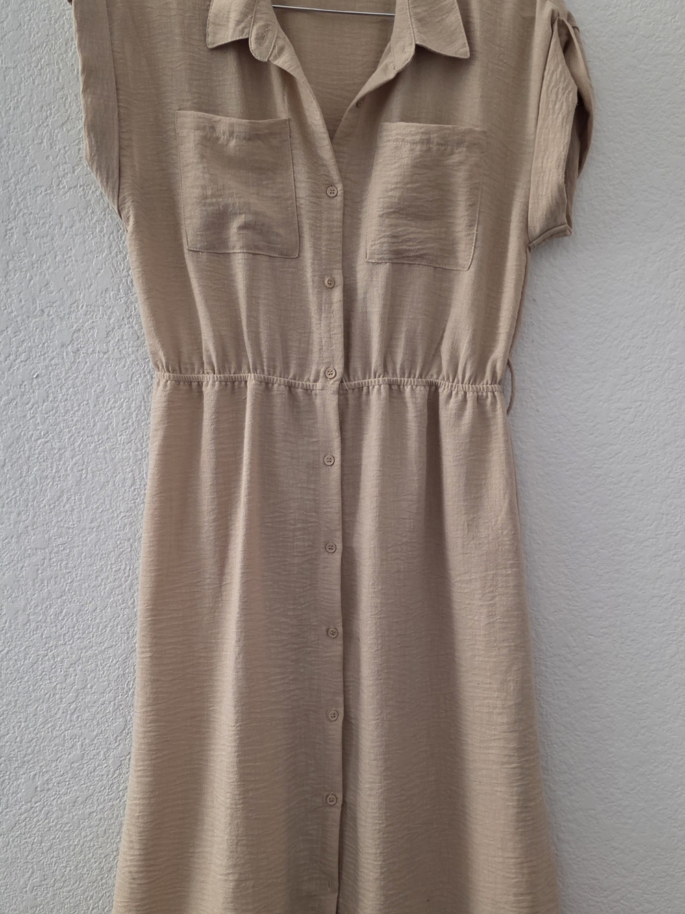 Casual Beige Button-Front Midi Dress
